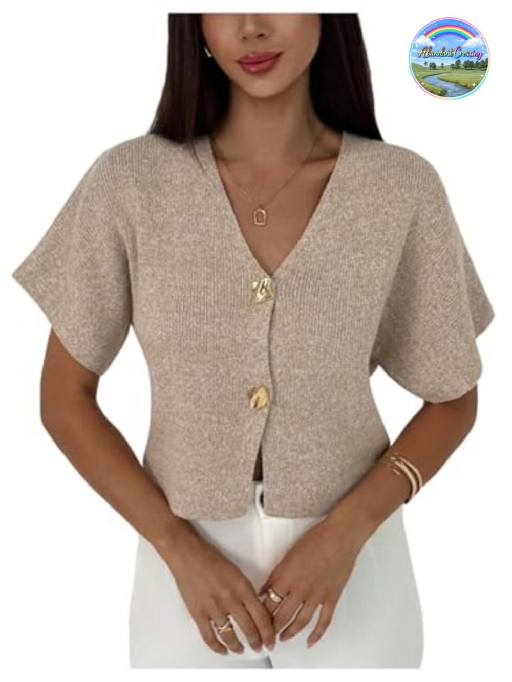 Women's Short Sleeve V-Neck Cardigan Sweater Button Front Rib Knit
